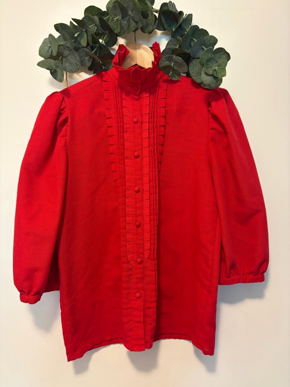 Vintage Hand Tailored Linen Blend Red Ruffle-Trim Blouse